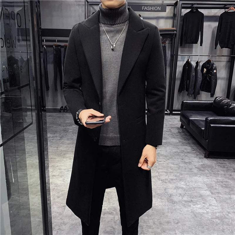 Otoño Invierno chaquetas de lana para hombre estilo británico Color sólido chaqueta de longitud media hombres Slim Fit gabardina .