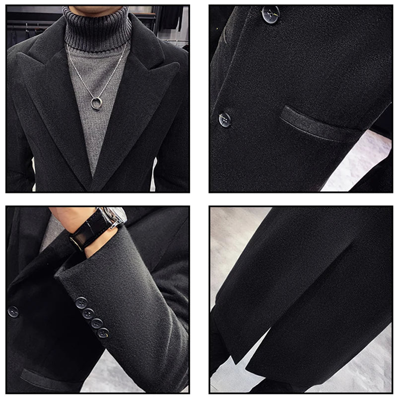 Otoño Invierno chaquetas de lana para hombre estilo británico Color sólido chaqueta de longitud media hombres Slim Fit gabardina .