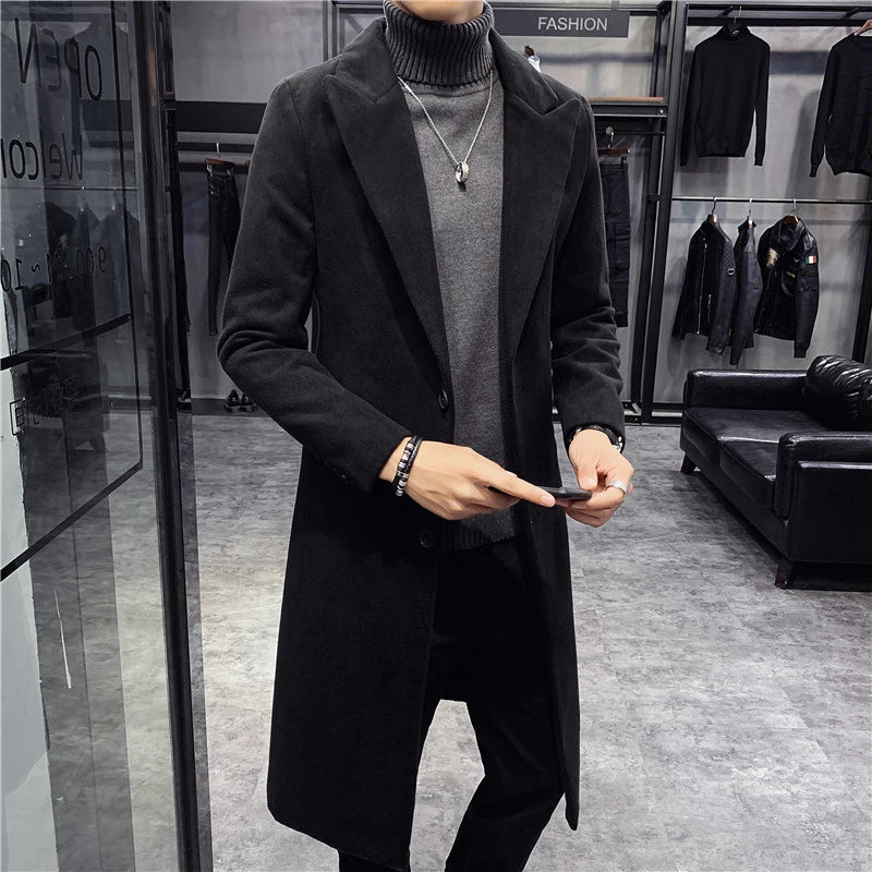 Otoño Invierno chaquetas de lana para hombre estilo británico Color sólido chaqueta de longitud media hombres Slim Fit gabardina .