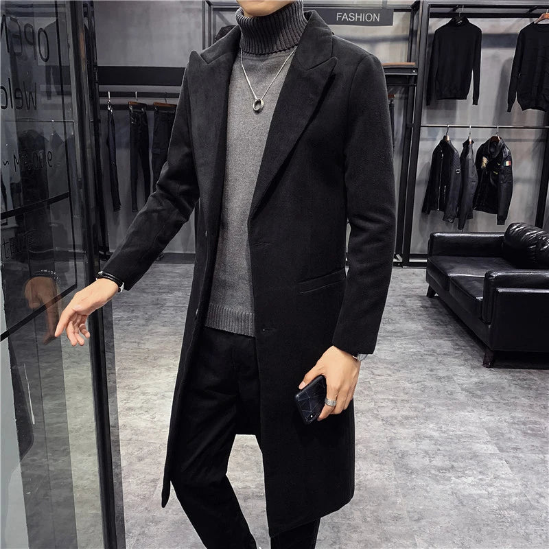 Otoño Invierno chaquetas de lana para hombre estilo británico Color sólido chaqueta de longitud media hombres Slim Fit gabardina .