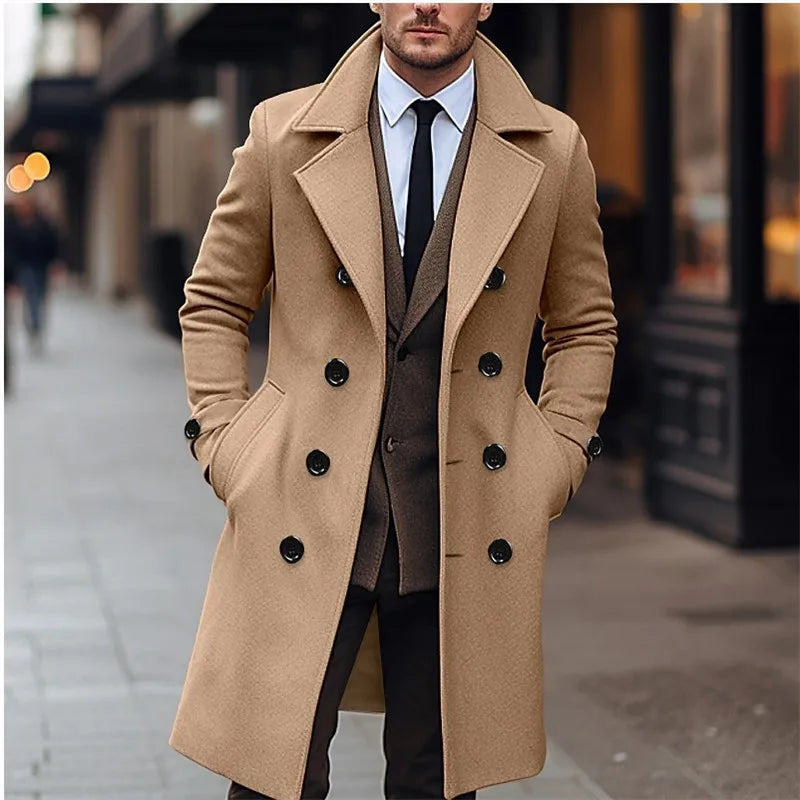 Abrigos de lana para hombre de otoño e invierno, gabardina larga de lana con doble botonadura a la moda informal de negocios,