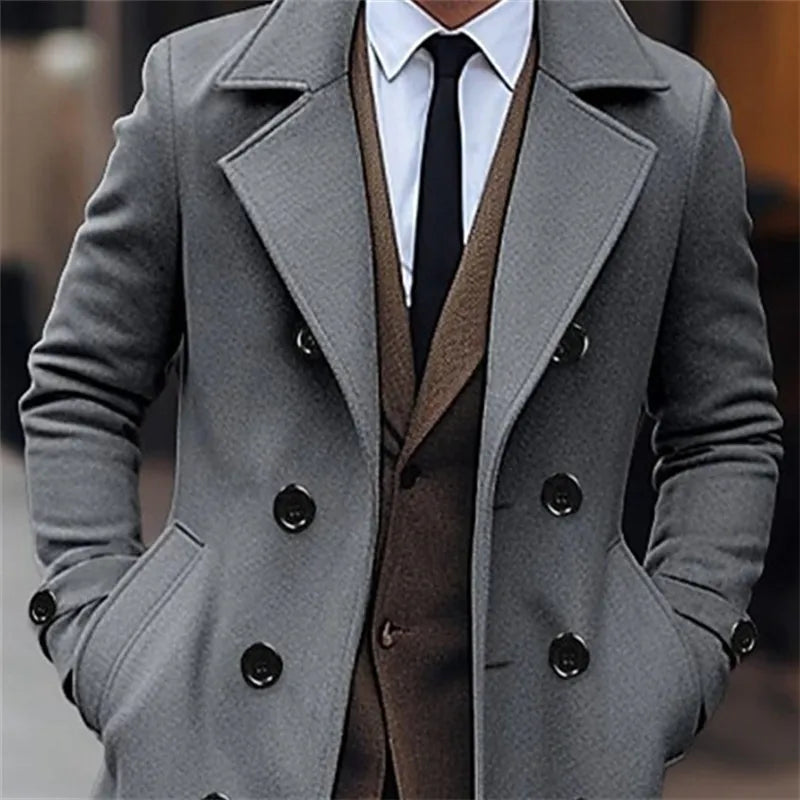 Abrigos de lana para hombre de otoño e invierno, gabardina larga de lana con doble botonadura a la moda informal de negocios,