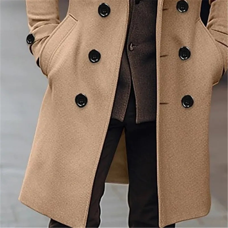 Abrigos de lana para hombre de otoño e invierno, gabardina larga de lana con doble botonadura a la moda informal de negocios,