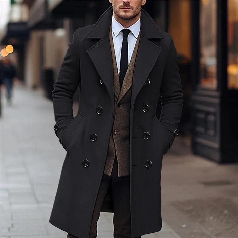 Abrigos de lana para hombre de otoño e invierno, gabardina larga de lana con doble botonadura a la moda informal de negocios,