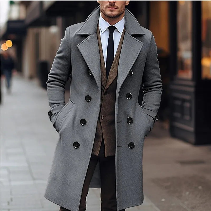 Abrigos de lana para hombre de otoño e invierno, gabardina larga de lana con doble botonadura a la moda informal de negocios,